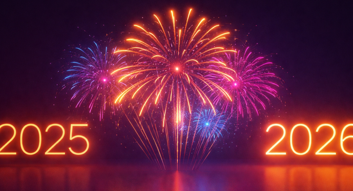 Vuurwerk in paars en oranje neon met blauwe en roze tinten, links "2025" in het neon oranje, rechts "2026" in een nog feller neon oranje. 