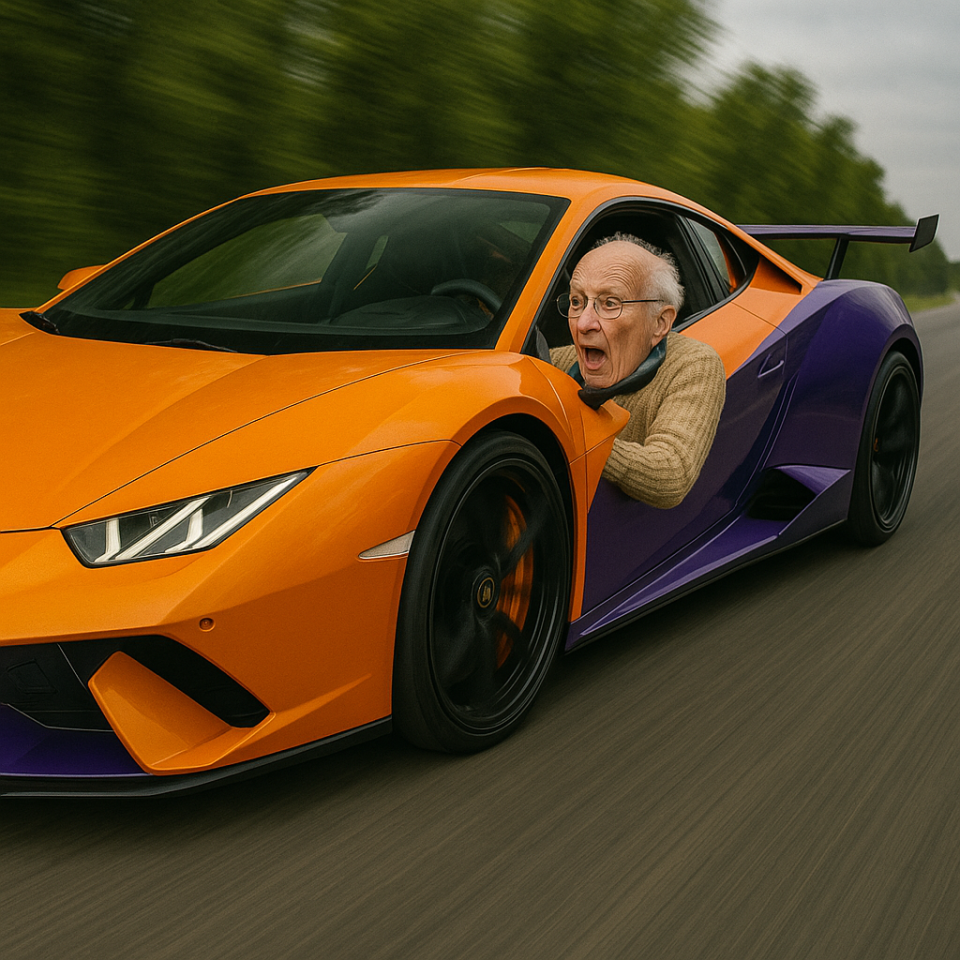 AI Generated : Oude man rijdt zeer snel met sportwagen van oranje-paarse kleur. 