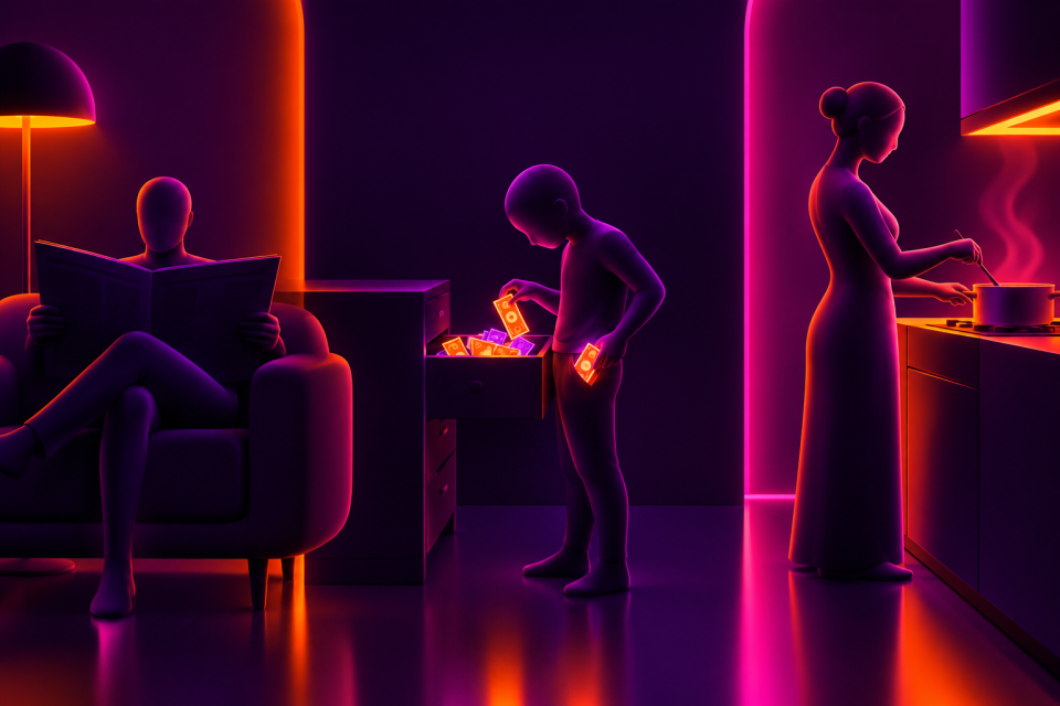 Een 3D-render in een minimalistische, futuristische stijl. Donkerpaarse achtergrond met sterke neonverlichting in oranje en roze. Rechts is het abstracte, gladde, gezichtsloze silhouet zichtbaar met een matte afwerking van een vrouw die aan het fornuis staat. Links is het abstracte, gladde, gezichtloze silhouet zichtbaar van een man die in de zetel zit en de krant leest. In het midden is het abstracte, gladde, gezichtsloze silhouet zichtbaar van een kind dat geldbiljet