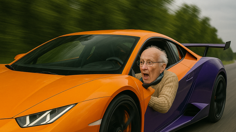 AI Generated : Oude man rijdt zeer snel met sportwagen van oranje-paarse kleur. 