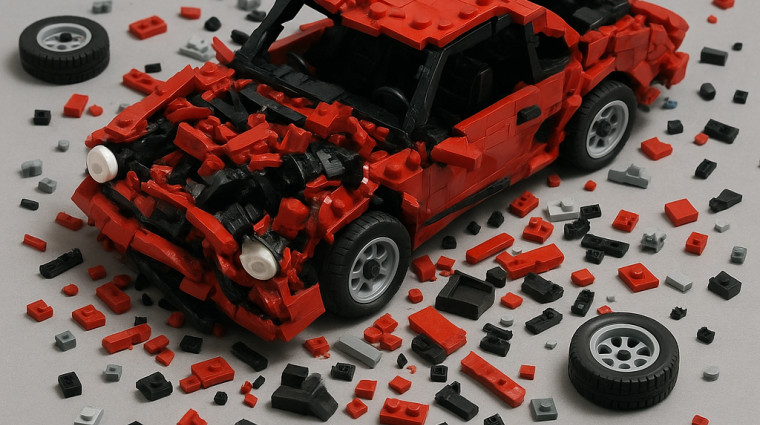 AI Generated : rode auto uit lego ligt in stukjes uit elkaar