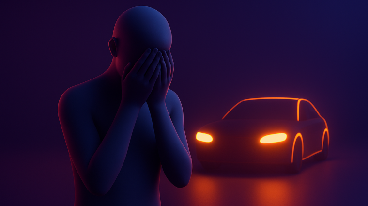 Een futuristische 3D-afbeelding toont een silhouet van een man met de handen voor de ogen. Hij is beschaamd. Achter hem staat een auto met oranje accenten, die hem met oranje neon licht belicht. 