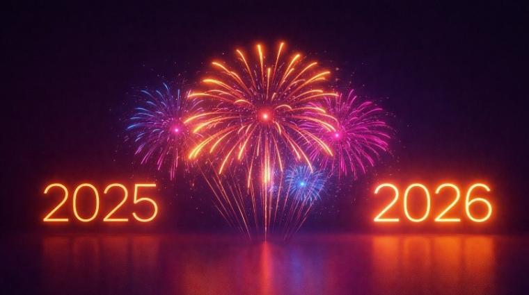 Vuurwerk in paars en oranje neon met blauwe en roze tinten, links "2025" in het neon oranje, rechts "2026" in een nog feller neon oranje. 