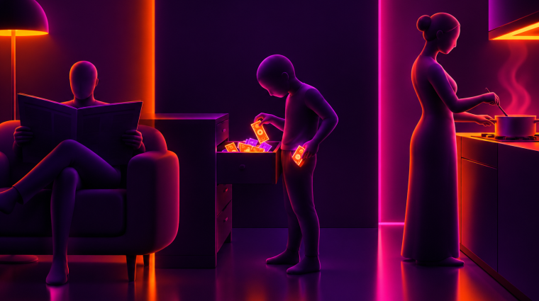 Een 3D-render in een minimalistische, futuristische stijl. Donkerpaarse achtergrond met sterke neonverlichting in oranje en roze. Rechts is het abstracte, gladde, gezichtsloze silhouet zichtbaar met een matte afwerking van een vrouw die aan het fornuis staat. Links is het abstracte, gladde, gezichtloze silhouet zichtbaar van een man die in de zetel zit en de krant leest. In het midden is het abstracte, gladde, gezichtsloze silhouet zichtbaar van een kind dat geldbiljet